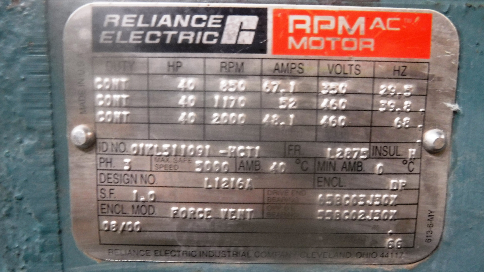Reliance 40 HP 1800 RPM L2875 Squirrel Cage Motors 81462
